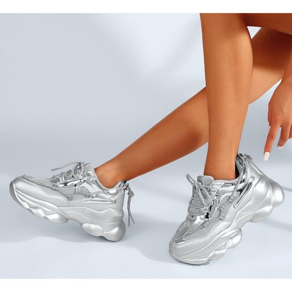 Women's 90s Chunky Sneakers Rope Platform Casual Thick Rave Walking Shoes Silver - Picture 8 of 9